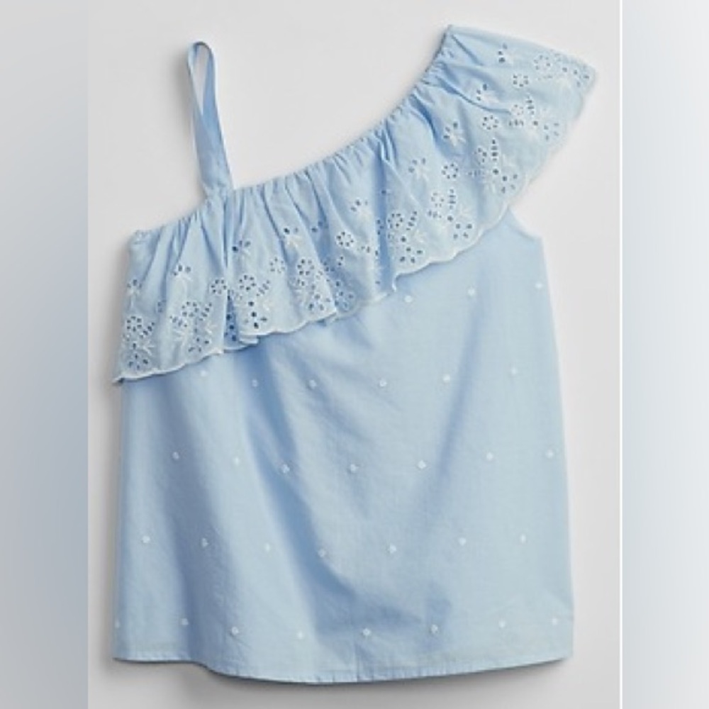 GAP Light Blue Eyelet Ruffle Blouse Kids Asymmetrical Eyelet Top Small